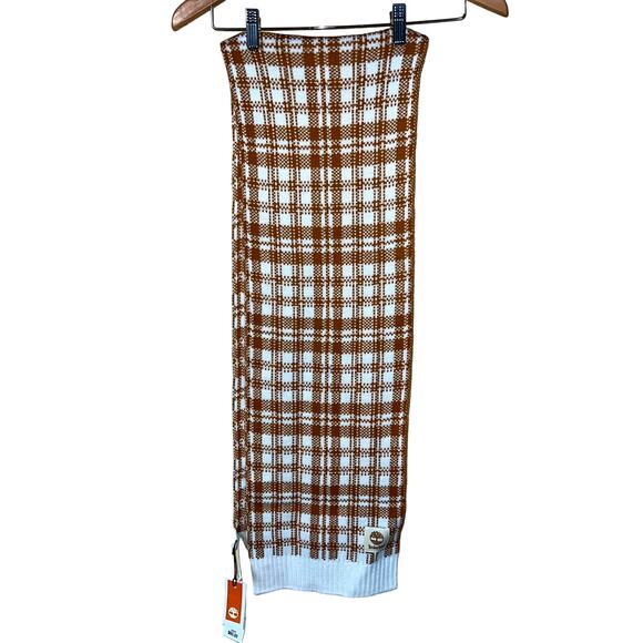 Timberland SCARF Sweater Knit Cream Gold Mustard Ribbed Hem Plaid Warm NEW - Picture 4 of 8